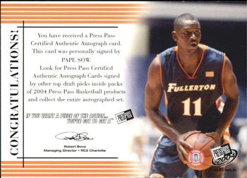 2004 Press Pass - Autographs #NNO Pape Sow Back