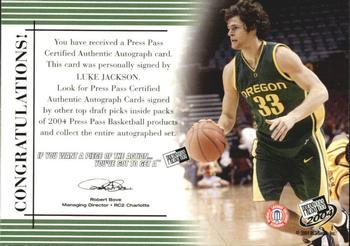 2004 Press Pass - Autographs Gold #19 Luke Jackson Back