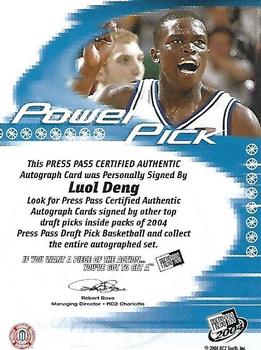 2004 Press Pass - Power Pick Autographs #NNO Luol Deng Back