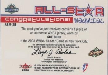 2004 Ultra WNBA - All-Star Review Jerseys #ASM-SB Sue Bird Back