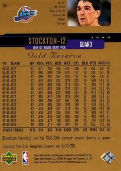 1999-00 Upper Deck Gold Reserve #215 John Stockton Back