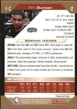 2004-05 Bowman - Gold #12 Tim Duncan Back