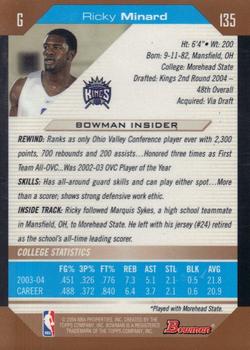2004-05 Bowman - Gold #135 Ricky Minard Back