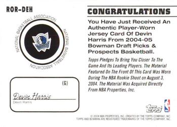 2004-05 Bowman - Rookie Registration Relics #ROR-DEH Devin Harris Back