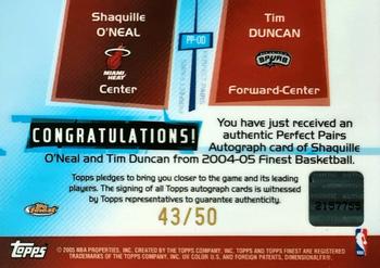 2004-05 Finest - Perfect Pairs Autographs #PP-OD Shaquille O'Neal / Tim Duncan Back