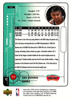 1999-00 Upper Deck MVP #143 Tim Duncan Back