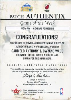 2004-05 Fleer Authentix - Game of the Week Patches #JAGW-AW Carmelo Anthony / Dwyane Wade Back