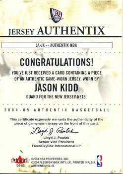 2004-05 Fleer Authentix - Jersey Authentix #JA-JK Jason Kidd Back