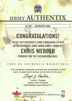 2004-05 Fleer Authentix - Jersey Authentix #JA-CW Chris Webber Back