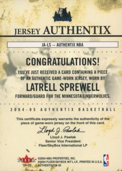 2004-05 Fleer Authentix - Jersey Authentix #JA-LS Latrell Sprewell Back