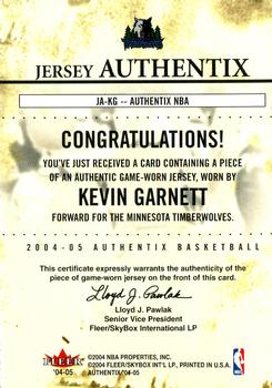 2004-05 Fleer Authentix - Jersey Authentix #JA-KG Kevin Garnett Back