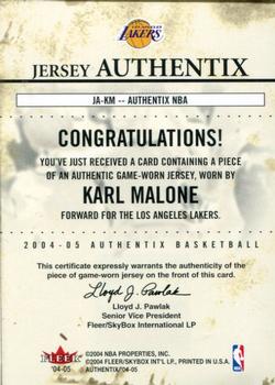 2004-05 Fleer Authentix - Jersey Authentix (10) #JA-KM Karl Malone Back