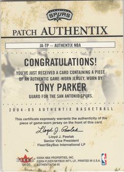 2004-05 Fleer Authentix - Jersey Authentix (25) #JA-TP Tony Parker Back