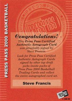 2000 Press Pass - Autographs #NNO Steve Francis Back