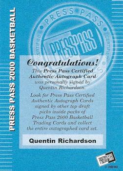 2000 Press Pass - Autographs #NNO Quentin Richardson Back