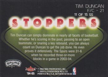 2004-05 Fleer Authentix - Showstoppers #11 SS Tim Duncan Back
