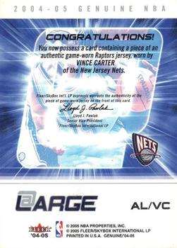2004-05 Fleer Genuine - At Large Game Used #AL/VC Vince Carter Back