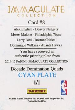 2014-15 Panini Immaculate Collection - Decade Domination Quads - Cyan Printing Plate #8 Larry Bird / Alex English / Dominique Wilkins / Moses Malone Back
