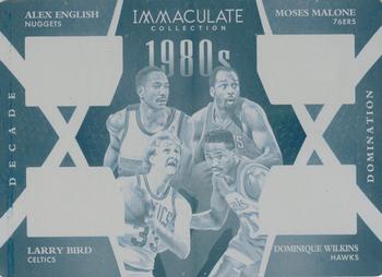 2014-15 Panini Immaculate Collection - Decade Domination Quads - Cyan Printing Plate #8 Larry Bird / Alex English / Dominique Wilkins / Moses Malone Front