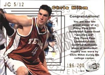 2000 Press Pass SE - Jersey Cards #JC5 Chris Mihm Back
