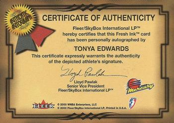 2000 Ultra WNBA - Fresh Ink #NNO Tonya Edwards Back