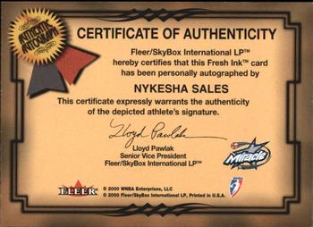 2000 Ultra WNBA - Fresh Ink #NNO Nykesha Sales Back