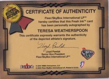 2000 Ultra WNBA - Fresh Ink #NNO Teresa Weatherspoon Back