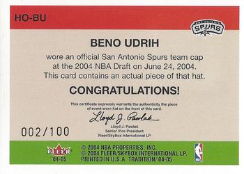 2004-05 Fleer Tradition - Rookie Hats Off #HO-BU Beno Udrih Back