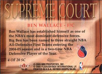 2004-05 Hoops - Supreme Court #4 SC Ben Wallace Back