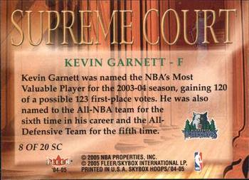 2004-05 Hoops - Supreme Court #8 SC Kevin Garnett Back
