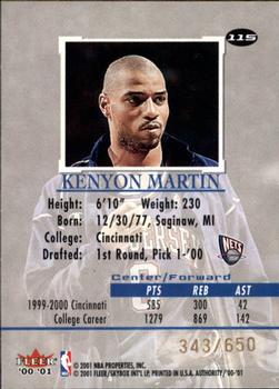2000-01 Fleer Authority #115 Kenyon Martin Back