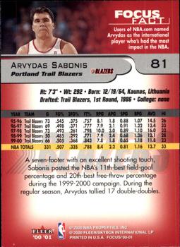 2000-01 Fleer Focus #81 Arvydas Sabonis Back