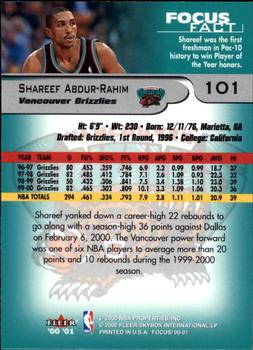 2000-01 Fleer Focus #101 Shareef Abdur-Rahim Back