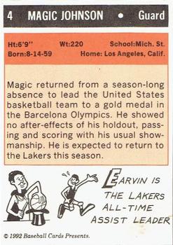 1992 Baseball Cards Presents Basketball '93 Yearbook Repli-Cards #4 Magic Johnson Back