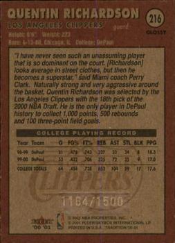 2000-01 Fleer Tradition Glossy #216 Quentin Richardson Back