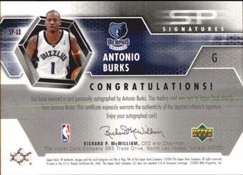 2004-05 SP Authentic - Signatures #SP-AB Antonio Burks Back