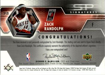 2004-05 SP Authentic - Signatures #SP-ZR Zach Randolph Back