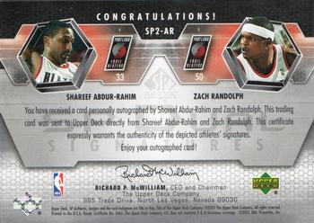 2004-05 SP Authentic - Signatures Dual #SP2-AR Shareef Abdur-Rahim / Zach Randolph Back
