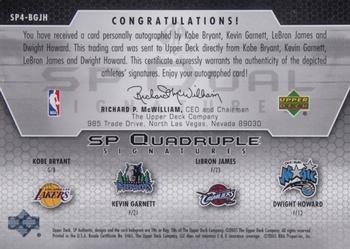 2004-05 SP Authentic - Signatures Quad #SP4-BGJH Kobe Bryant / Kevin Garnett / LeBron James / Dwight Howard Back