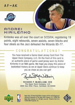 2004-05 SP Game Used - Authentic Fabrics #AF-AK Andrei Kirilenko Back