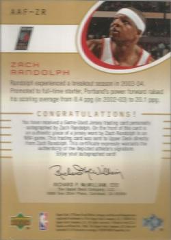 2004-05 SP Game Used - Authentic Fabrics Autographs #AAF-ZR Zach Randolph Back