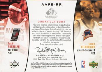 2004-05 SP Game Used - Authentic Fabrics Autographs Dual #AAF2-RR Zach Randolph / Jason Richardson Back
