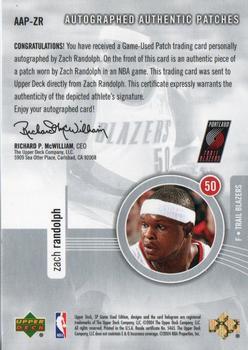2004-05 SP Game Used - Authentic Patches Autographs #AAP-ZR Zach Randolph Back