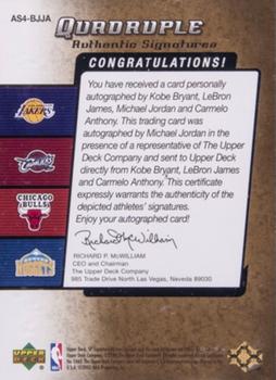 2004-05 SP Signature Edition - Quadruple Authentic Signatures #AS4-BJJA Kobe Bryant / LeBron James / Michael Jordan / Carmelo Anthony Back