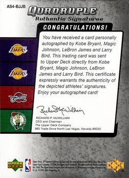 2004-05 SP Signature Edition - Quadruple Authentic Signatures #AS4-BJJB Kobe Bryant / Magic Johnson / LeBron James / Larry Bird Back