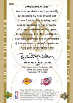 2000-01 SP Authentic - Sign of the Times Double #KB/SF Kobe Bryant / Steve Francis Back