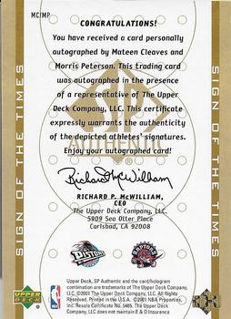 2000-01 SP Authentic - Sign of the Times Double #MC/MP Mateen Cleaves / Morris Peterson Back