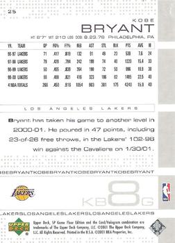 2000-01 SP Game Floor #25 Kobe Bryant Back