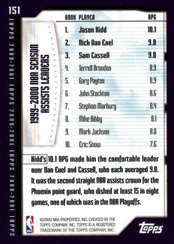 2000-01 Topps #151 Assists Leaders (Jason Kidd / Nick Van Exel / Sam Cassell) Back