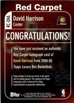 2004-05 Topps Luxury Box - Red Carpet Autographs #RC-DHA David Harrison Back